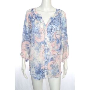 AB Studio Paisley V-Neck Button Front Semi-sheer Blouse Boho Blue/Peach Size XL